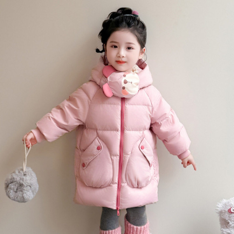 女童冬季中长款羽绒服儿童卡通可爱连帽时尚鸭绒连帽外套2025新款