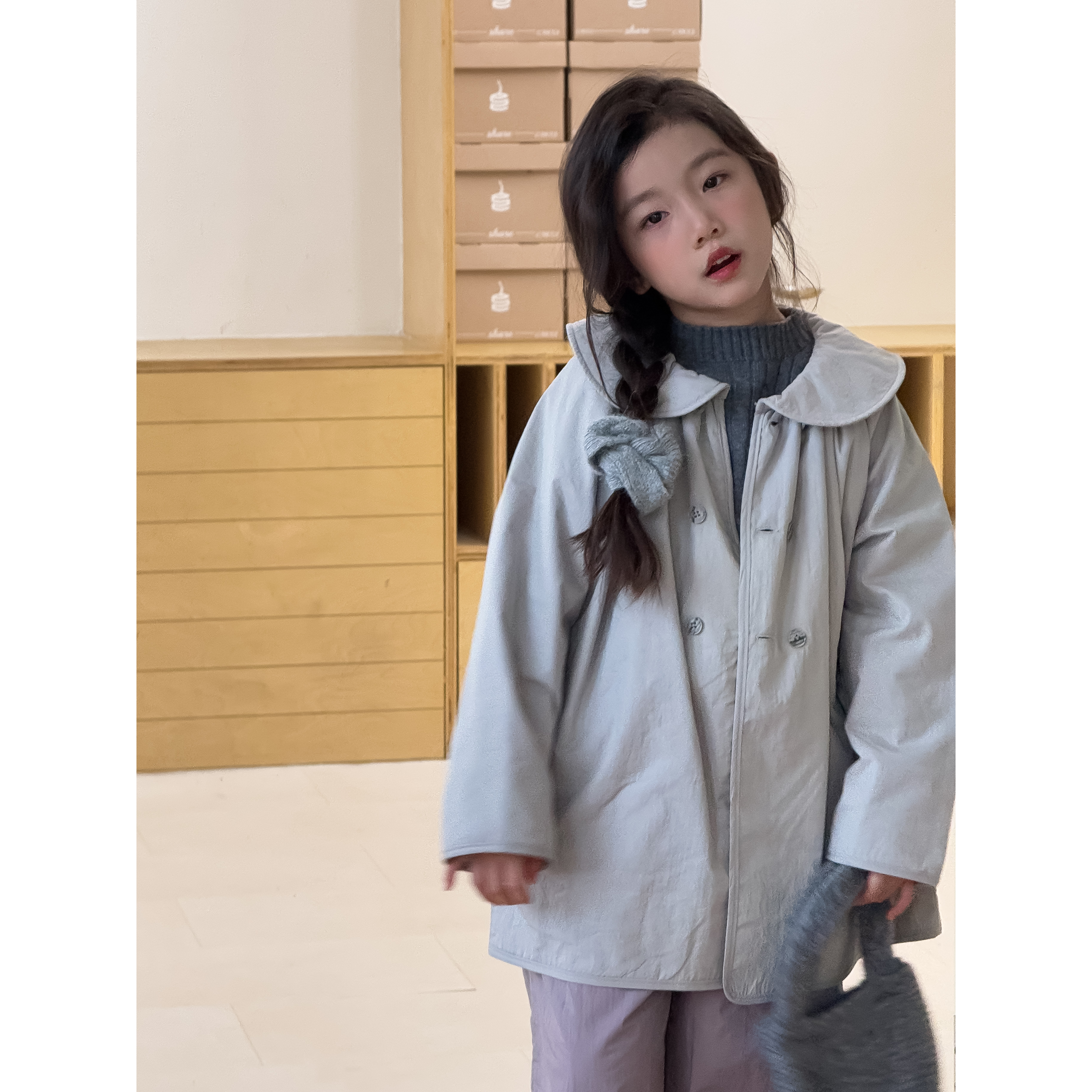 JIUJIU025女童棉服女童娃娃领风衣外套女孩中长款风衣夹棉外套