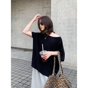 薄毛衣黑白露肩上衣 宽松慵懒蝙蝠袖 老米家 春夏一字领斜肩针织衫