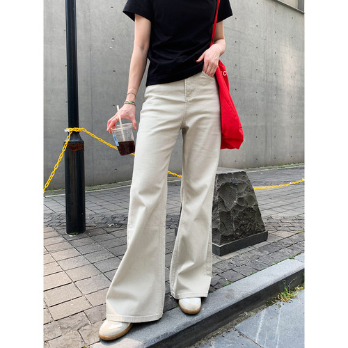 老米家四面弹中高腰不贴腿小宽松阔腿微喇牛仔裤女春夏阔腿喇叭裤