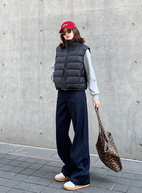 老米家 双拉链黑色背心简约立领排骨90白鸭绒短款羽绒马甲外套女