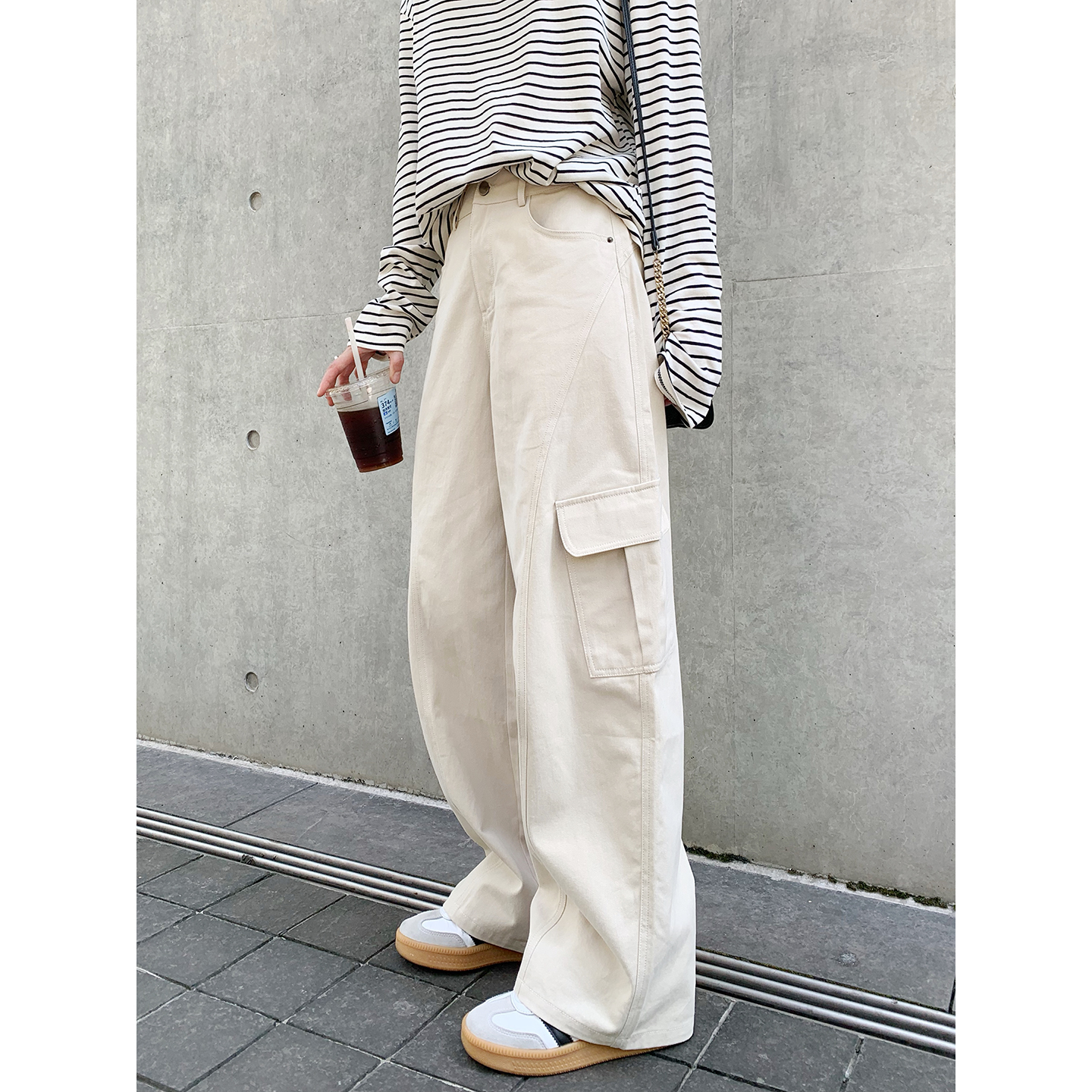 老米家 春秋直筒休闲裤子女灰色口袋宽松休闲弯刀长裤米色工装裤