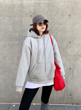 老米家秋冬重磅加厚加绒基础款浅灰色长袖宽松帽衫女休闲连帽卫衣