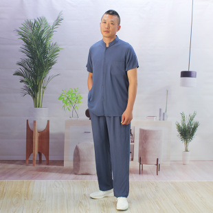 中老年人造棉立领开衫 套装 夏季 短袖 可外穿 男士 家居服睡衣长裤