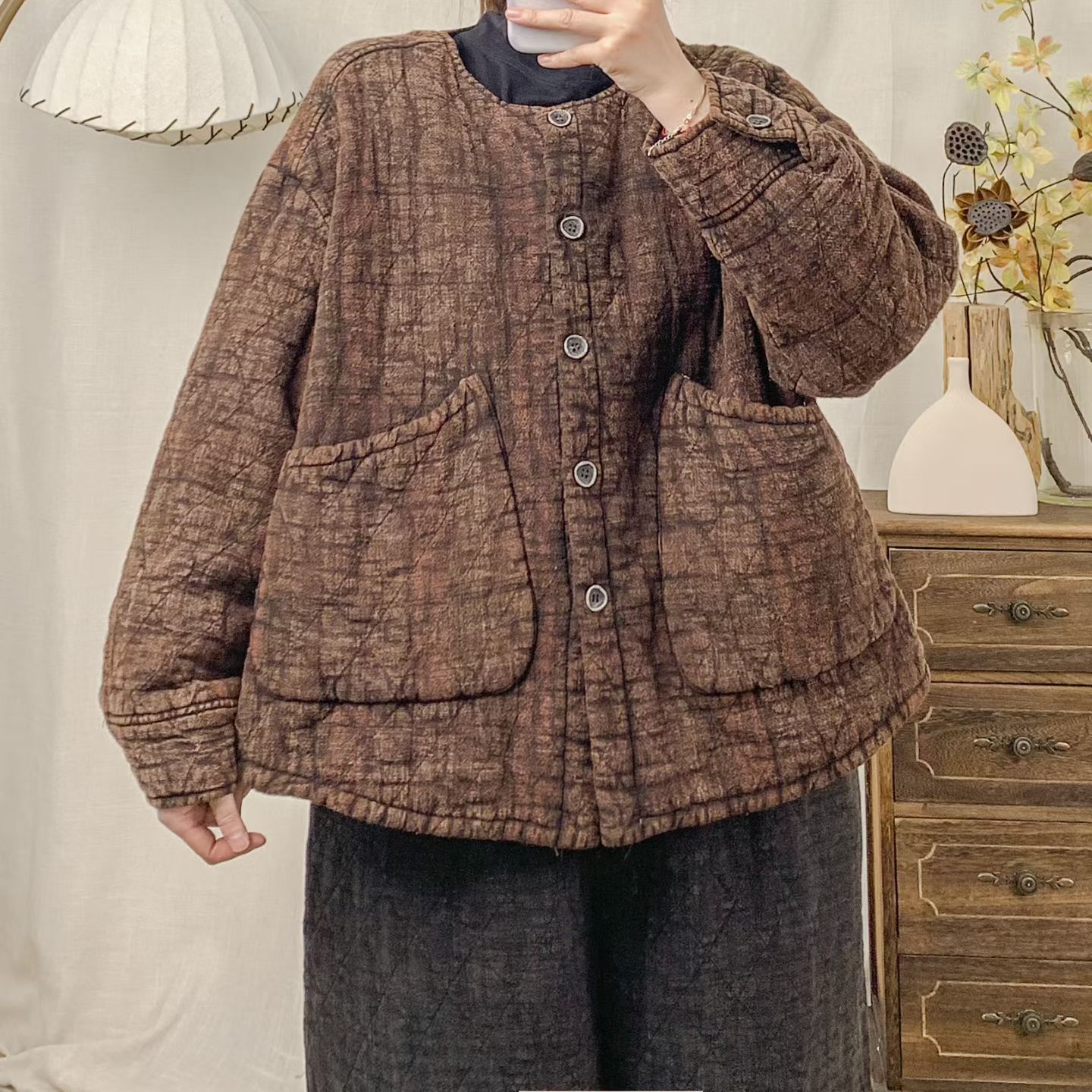 冬季复古棉麻炒色衍棉棉服棉袄女