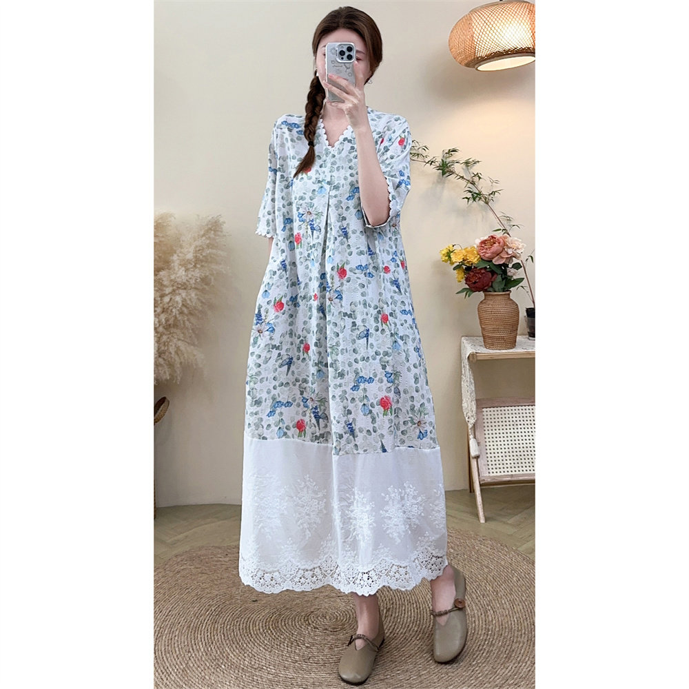 文艺棉麻印花拼接半袖A字长裙女