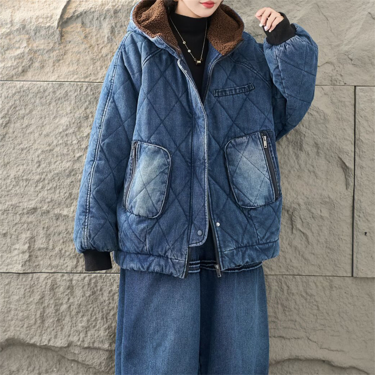 冬季复古菱格拉链加厚牛仔棉服女