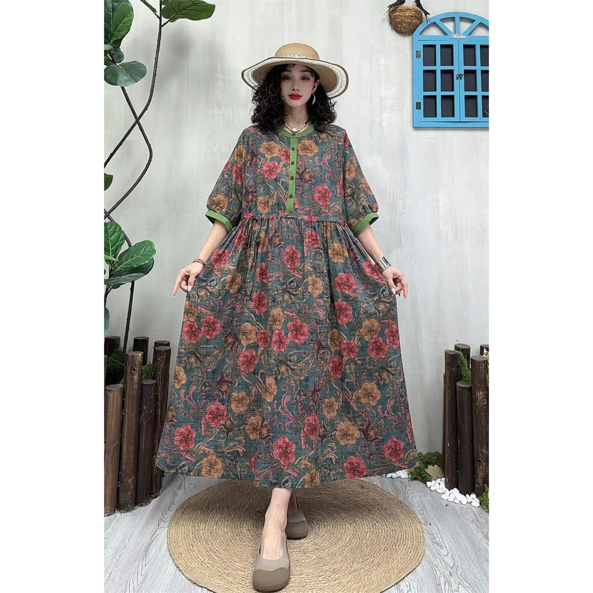 复古棉麻印花拼色圆领系带连衣裙