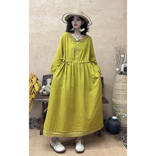 春装新复古棉麻拼接花边长袖连衣裙女宽松显瘦系带收腰A字长裙女