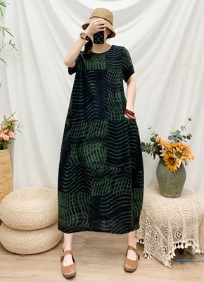 复古风A字裙棉麻花色拼接裙子