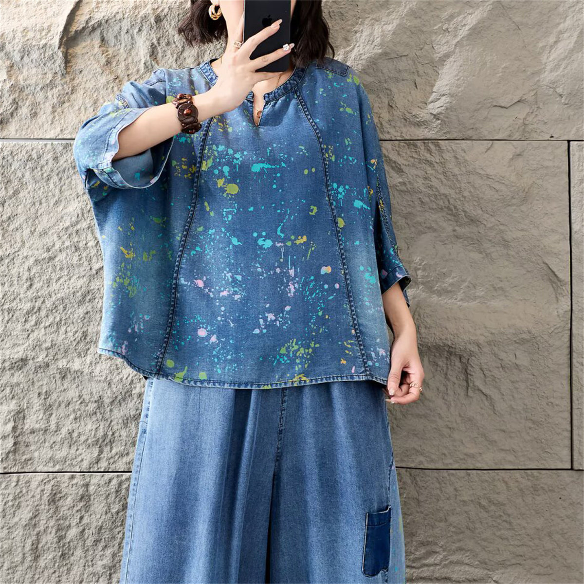 夏季文艺涂鸦牛仔立领显瘦T恤女
