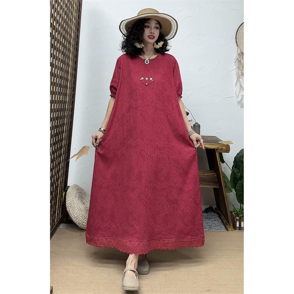 复古提花棉麻短袖花边连衣裙女