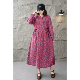 春装新款复古棉麻印花立领长袖褶子连衣裙女宽松显瘦系带A字长裙