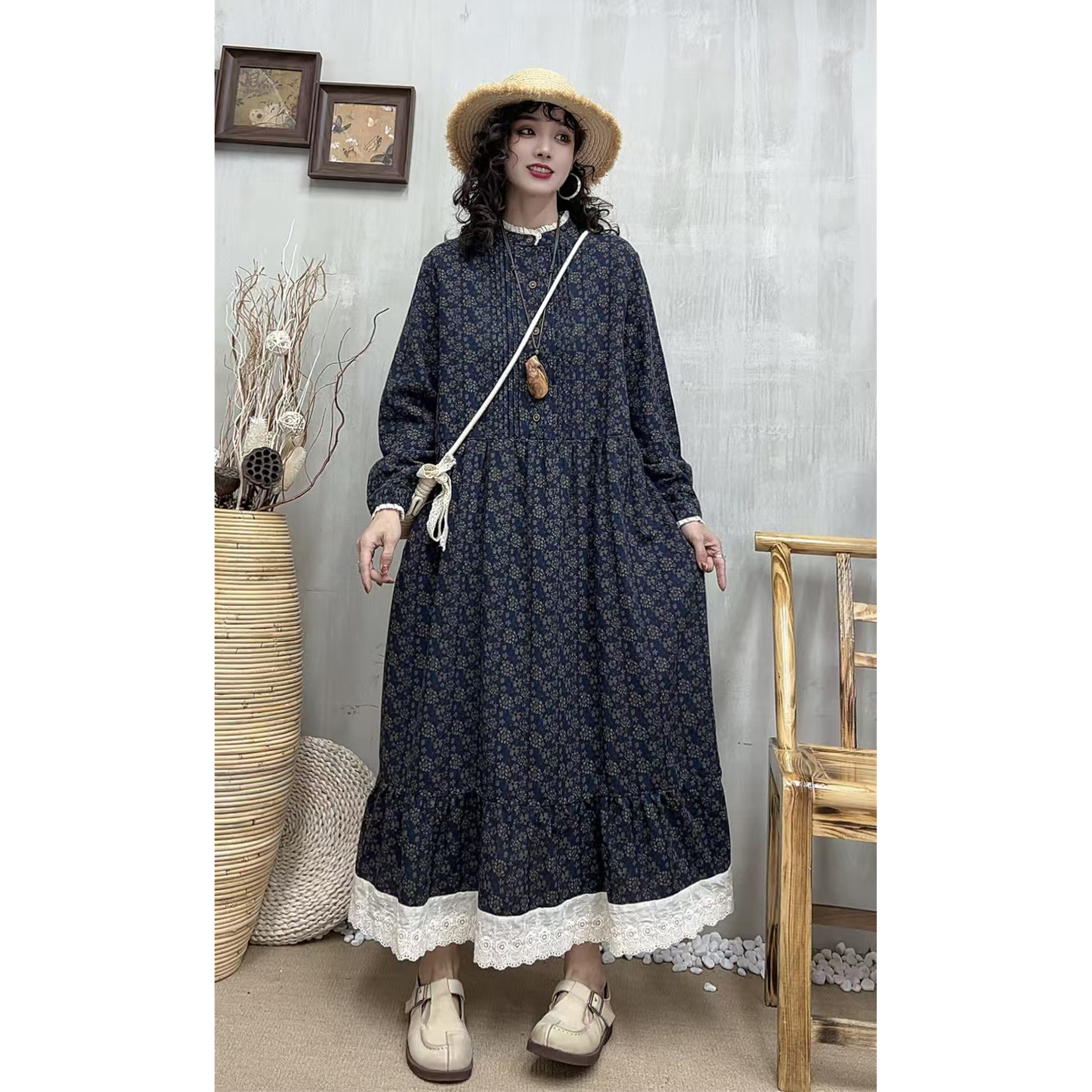 春装复古森系棉麻碎花连衣长裙女