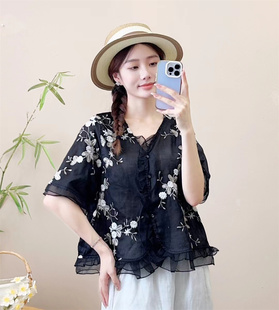 衬衣 夏季 新文艺花边拼接纯色苎麻刺绣V领衬衫 女宽松大码 显瘦半袖
