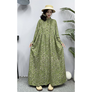 秋季新复古棉麻印花褶子长袖花边领连衣裙女宽松显瘦长款A字裙女