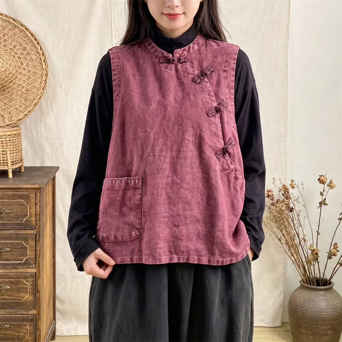 秋季复古盘扣亚麻宽松显瘦马甲女