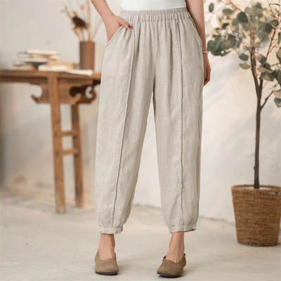 高腰复古风九分花边休闲裤