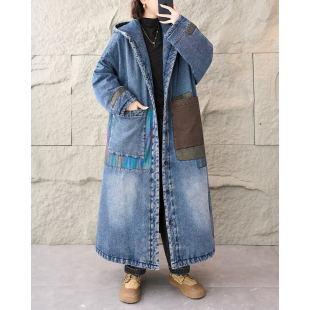 冬季新文艺复古拼接大口袋连帽牛仔棉衣外套女宽松显瘦长款棉服女