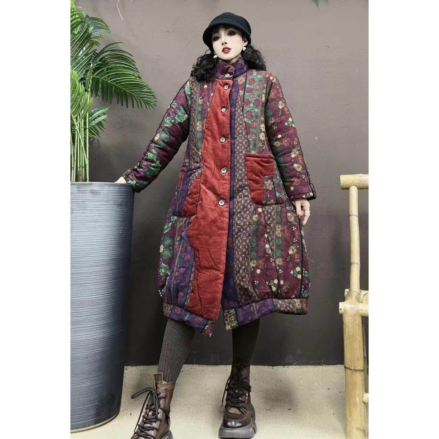 丝棉中长款复古宽松拼接印花棉服