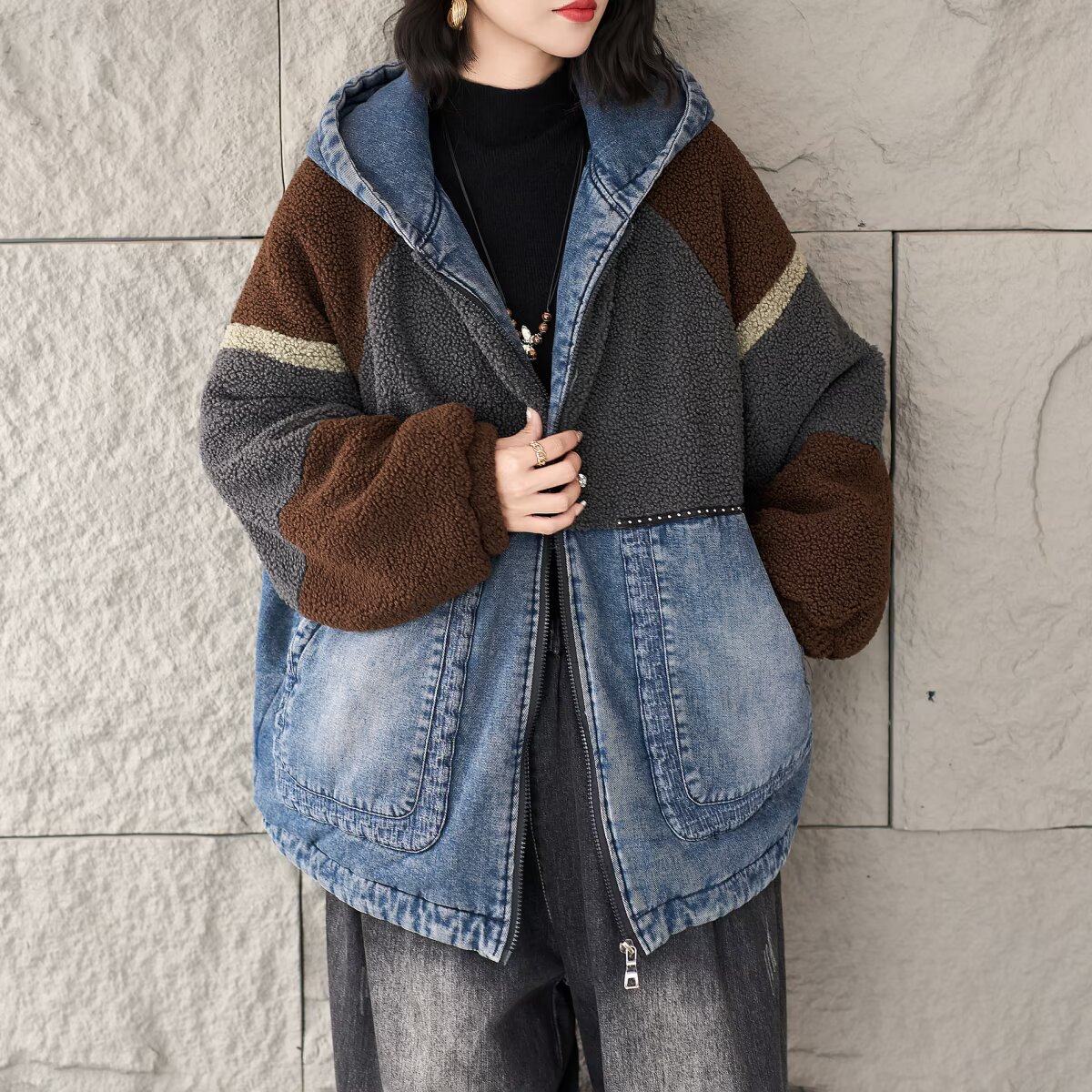 冬季新款复古拼接牛仔羊羔绒连帽棉衣女宽松保暖加厚拉链棉服外套,女装/女士精品,棉衣/棉服,淘宝优惠券,粉丝福利购,淘宝优惠卷