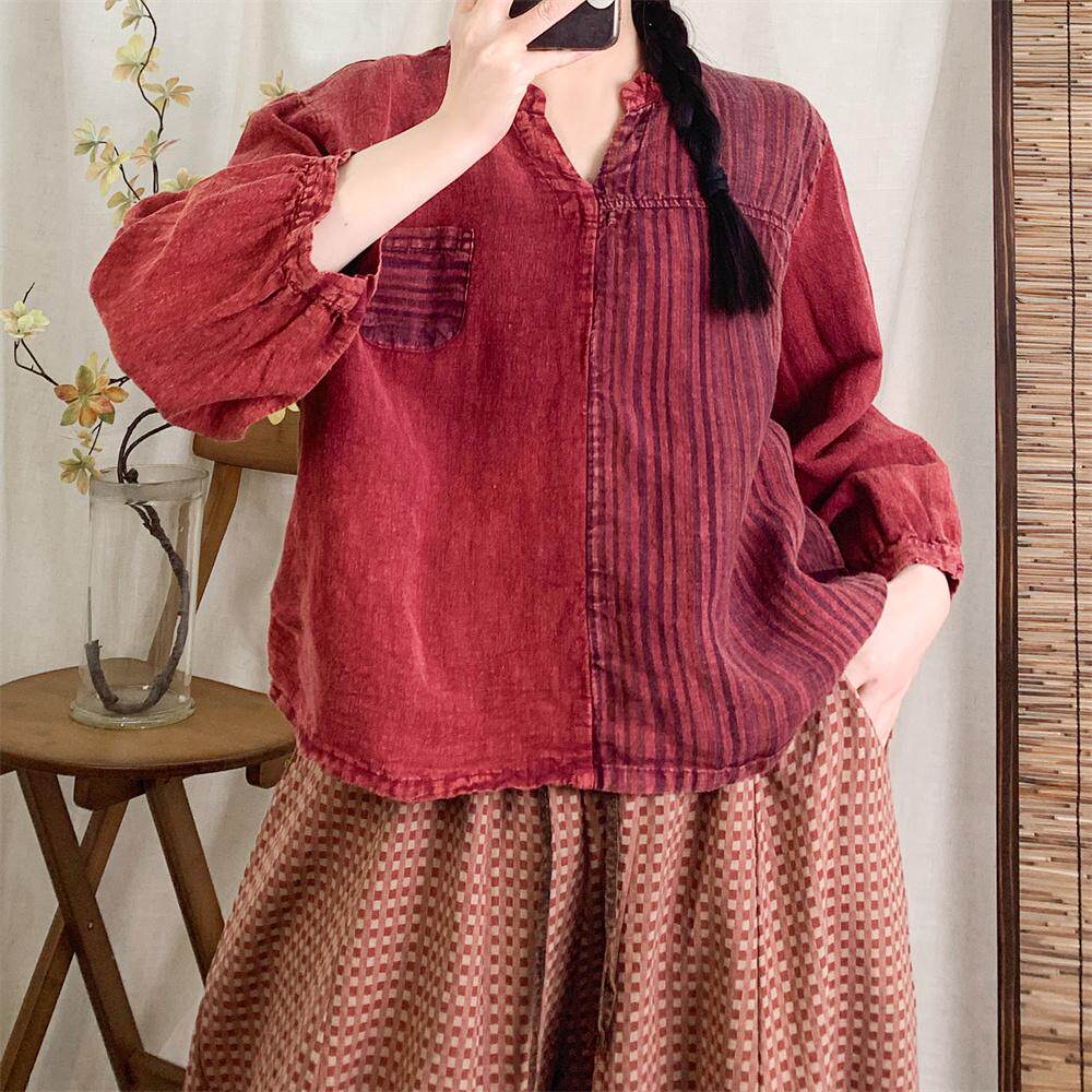 春季九分袖条纹拼接宽松型T恤女