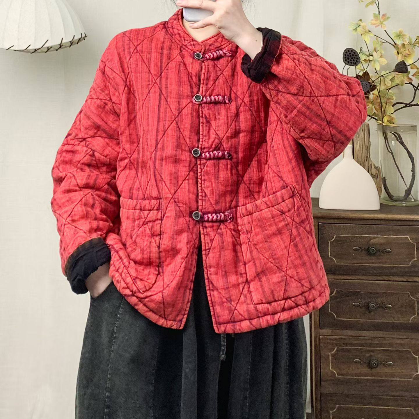 新中式炒色麻立领盘扣竖条棉衣女