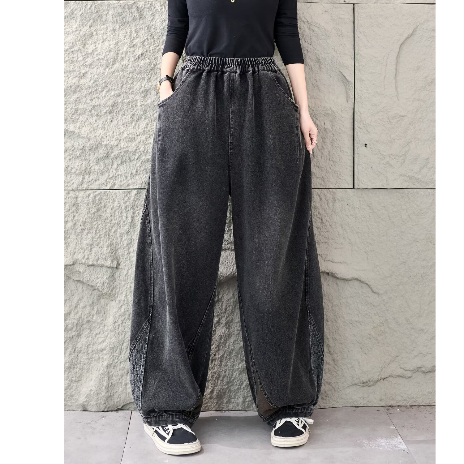 春装新复古拼色裤脚牛仔阔腿裤女松紧高腰宽松显瘦百搭水洗长裤女,女装/女士精品,牛仔裤,淘宝优惠券,粉丝福利购,淘宝优惠卷