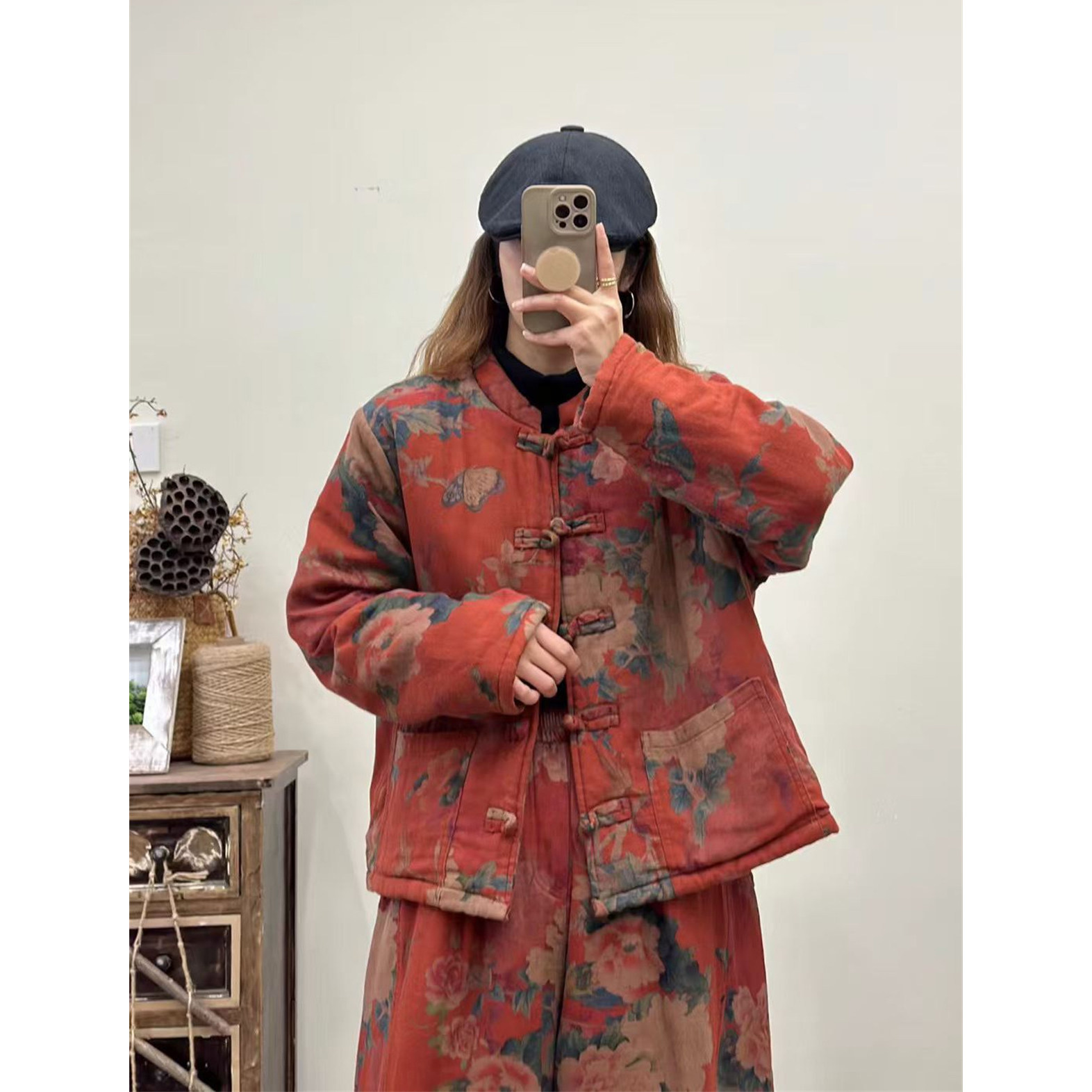 冬季民族印花盘扣立领保暖棉服女