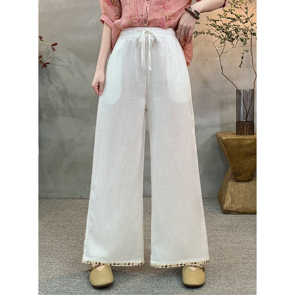 夏季文艺绣花亚麻高腰阔腿长裤女