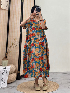 夏季新款复古风棉麻印花短袖V领连衣裙女宽松大码显瘦套头A字裙女
