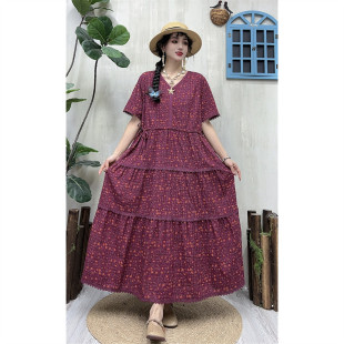夏季新复古棉碎花V领短袖连衣裙女宽松显瘦花边拼接系带A字长裙女