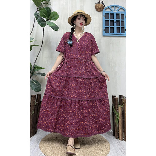 夏季复古棉碎花V领A字连衣裙女