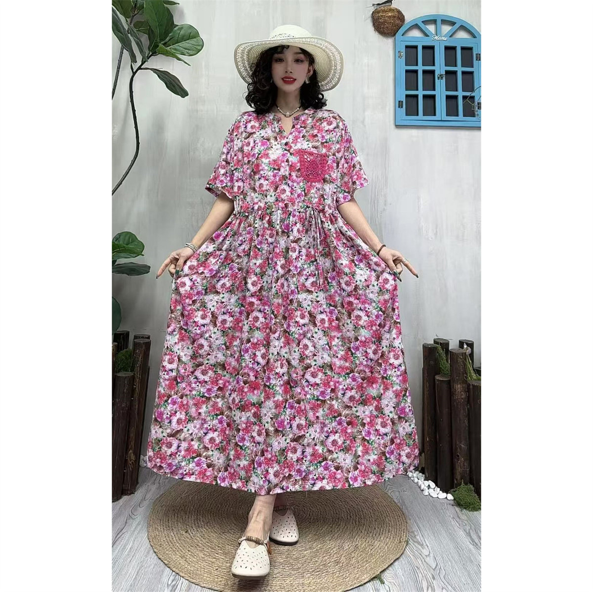 复古棉麻印花拼口袋系带连衣裙女