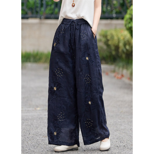 夏季苎麻刺绣高腰显瘦阔腿裤女