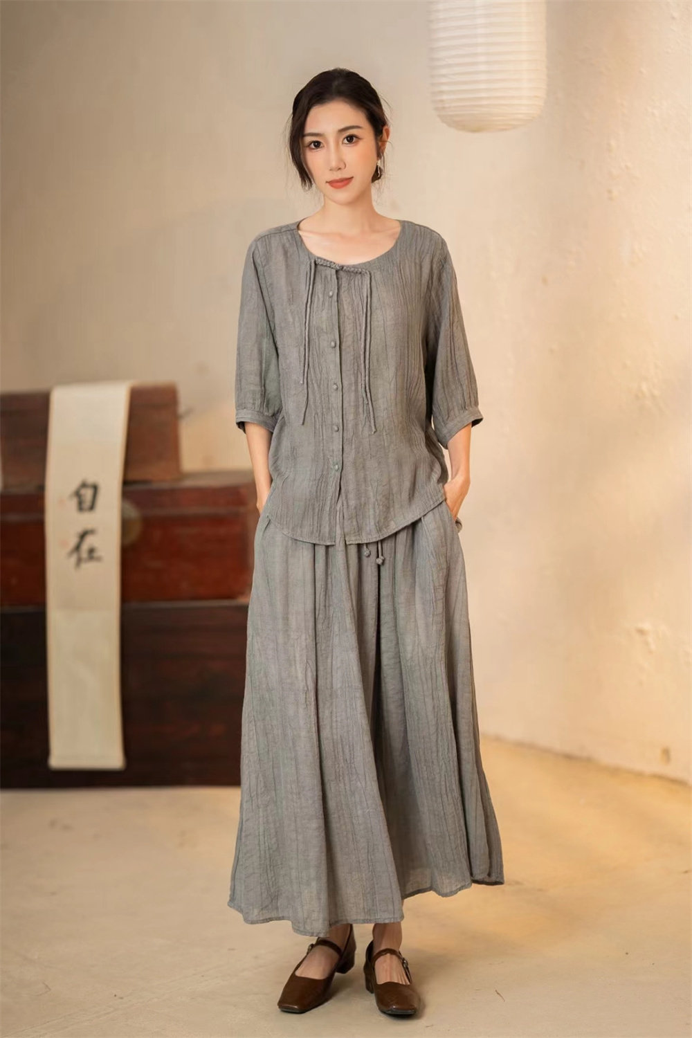 夏季新复古纯色苎麻天丝新中式半袖圆领衬衣套装女松紧高腰半身裙