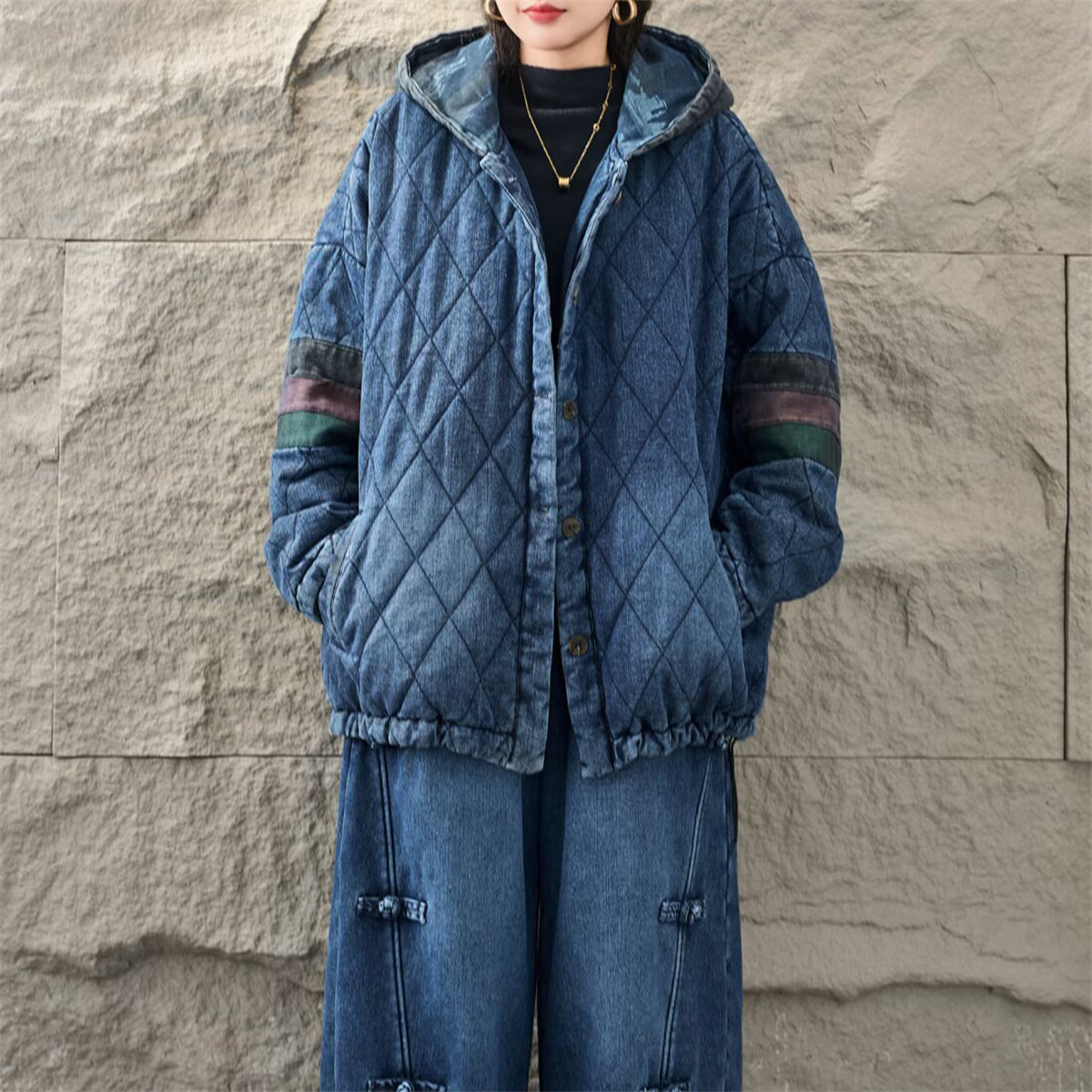冬季复古做旧菱格连帽保暖棉服女