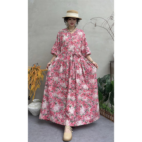 夏季复古棉印花V领显瘦连衣裙女