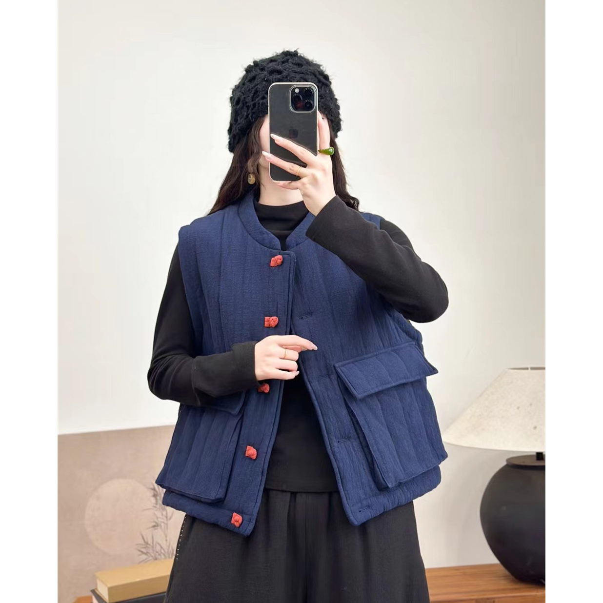 冬季新文艺复古立领单排扣棉麻加棉马甲女百搭保暖夹棉大口袋马夹