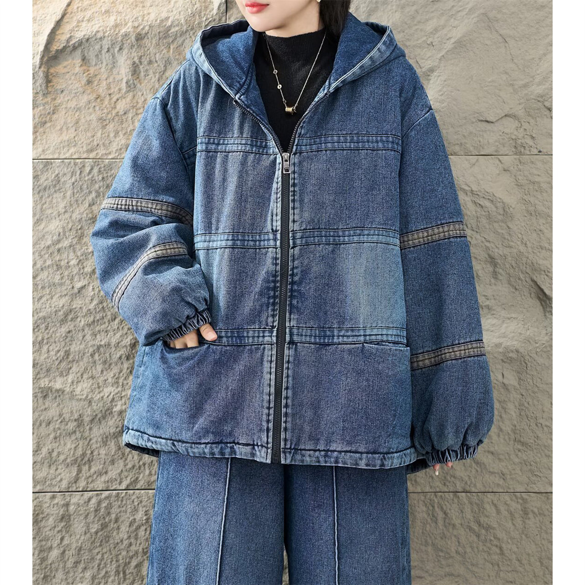 冬季复古做旧拼接连帽牛仔棉服女