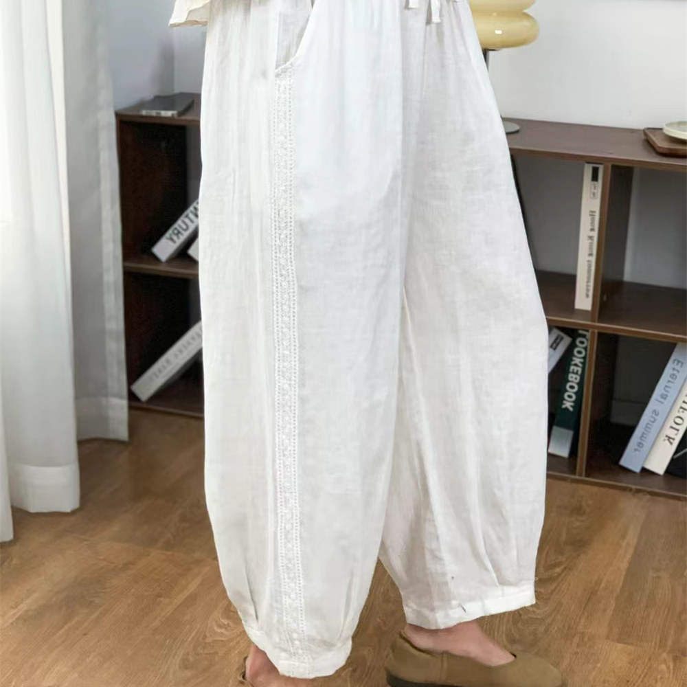 春夏文艺复古纯亚麻九分休闲裤女