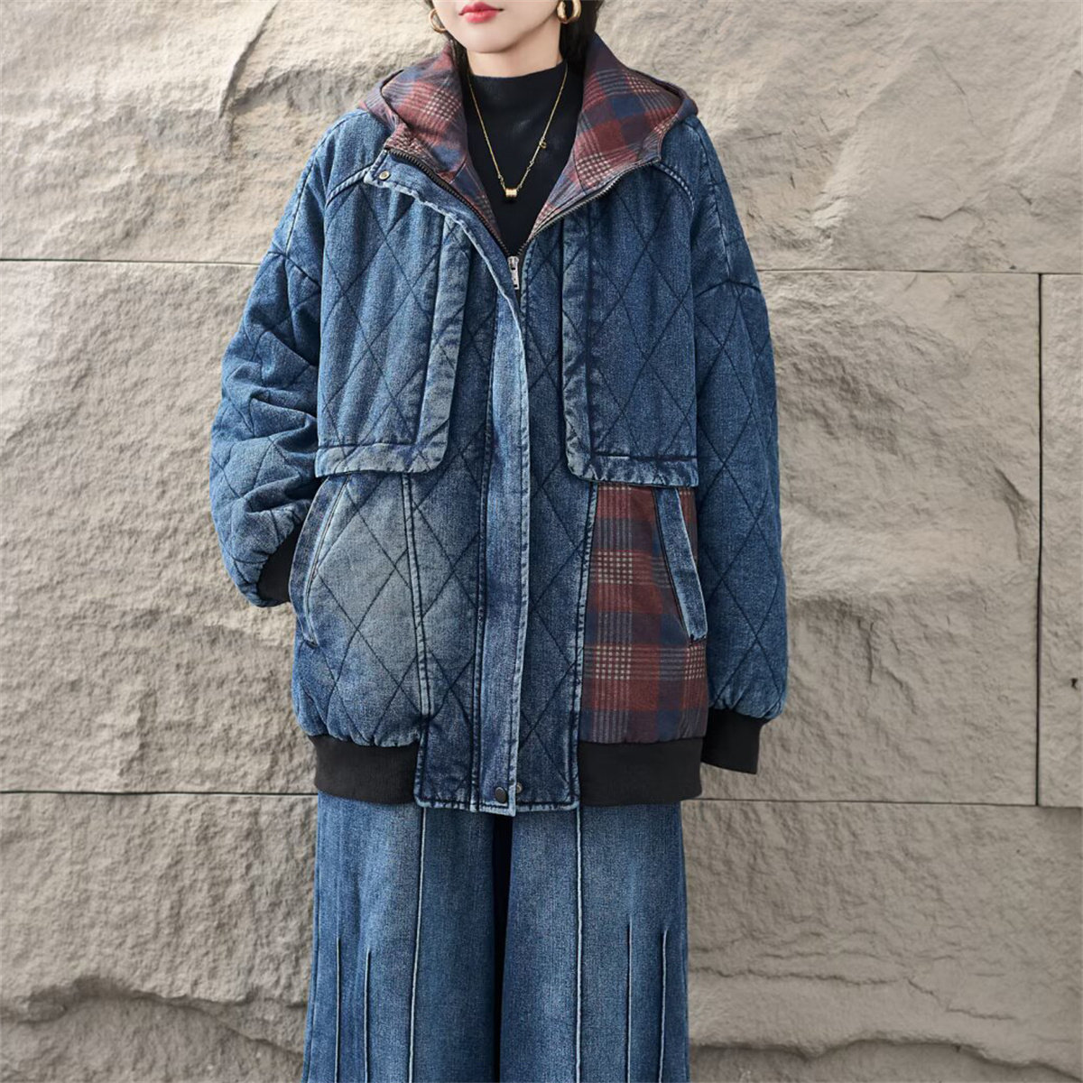 冬季复古水洗菱格连帽牛仔棉服女