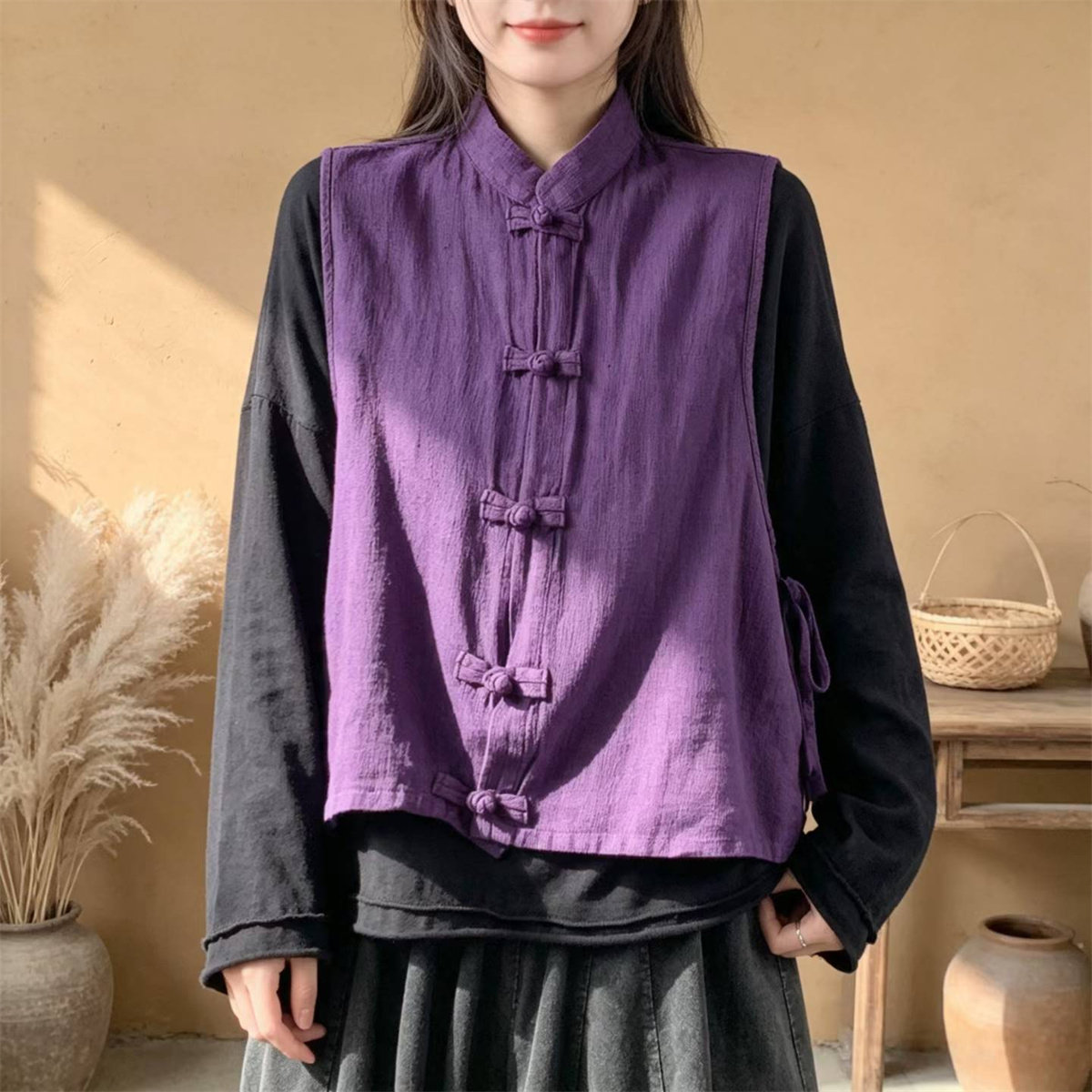 秋季新中式盘扣炒色麻开衫马甲女