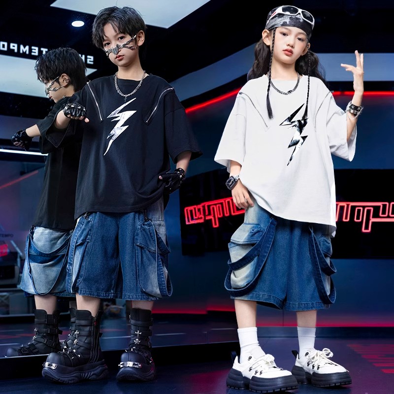 儿童街舞服装夏季少儿潮牌短袖T恤套装男童hiphop架子鼓演出炸街