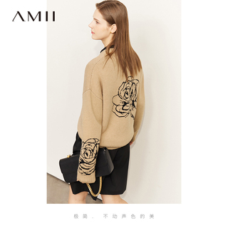 Amii初秋針織開衫外套毛衣女長袖2022年新款寬松溫柔玫瑰提花上衣