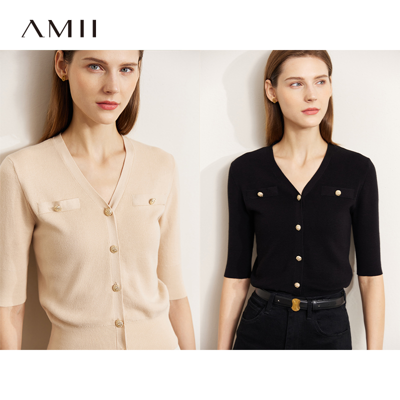 Amii法式短款针织开衫女春秋款小个子中袖v领内搭全棉毛衣针织衫