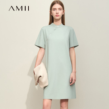 Amii新中式轻国风连衣裙女2024新款夏季立领斜门襟短袖微收腰女装