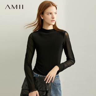 半高领体恤 显瘦正肩长袖 Amii薄款 网纱紧身上衣女春秋打底T恤修身
