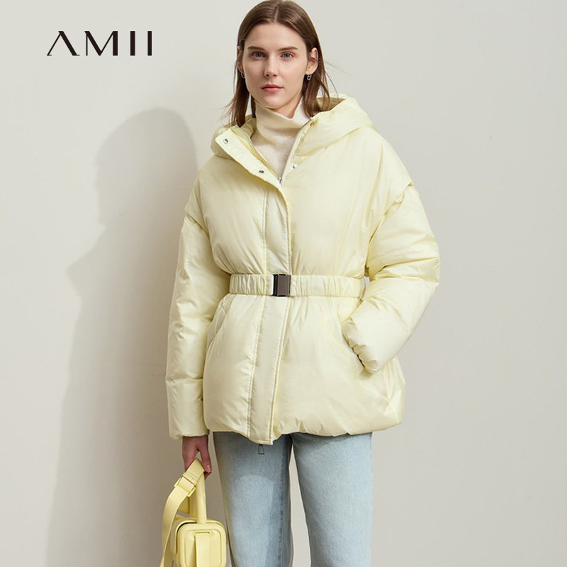 Amii可拆卸衣袖连帽羽绒服女冬季厚款配腰带收腰显瘦防寒保暖外套
