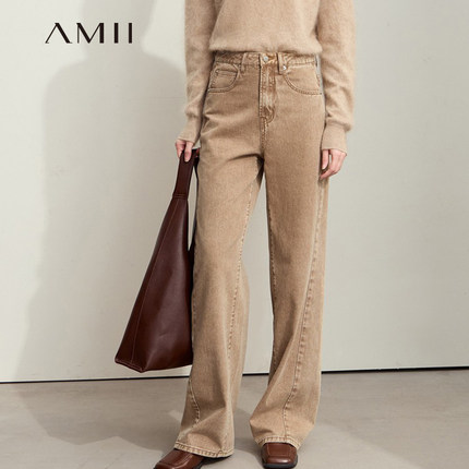 Amii复古洗水做旧彩色棉质牛仔裤女春秋款宽松阔腿裤直筒休闲长裤